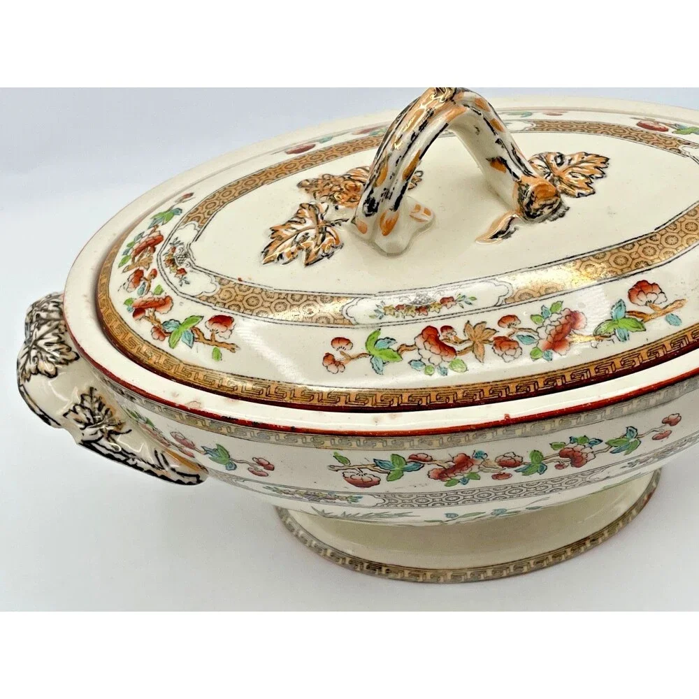 Rare Antique Copeland Indian Tree Tureen w/ Handles Spoon Notch 8x5x4
